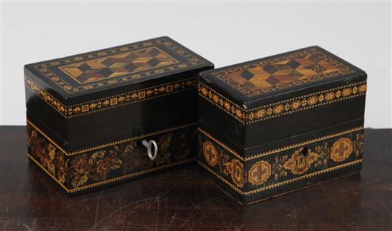Two Tunbridge ware coromandel perspective cube and geometric mosaic ink bottle boxes, probably Barton, 4.5in.